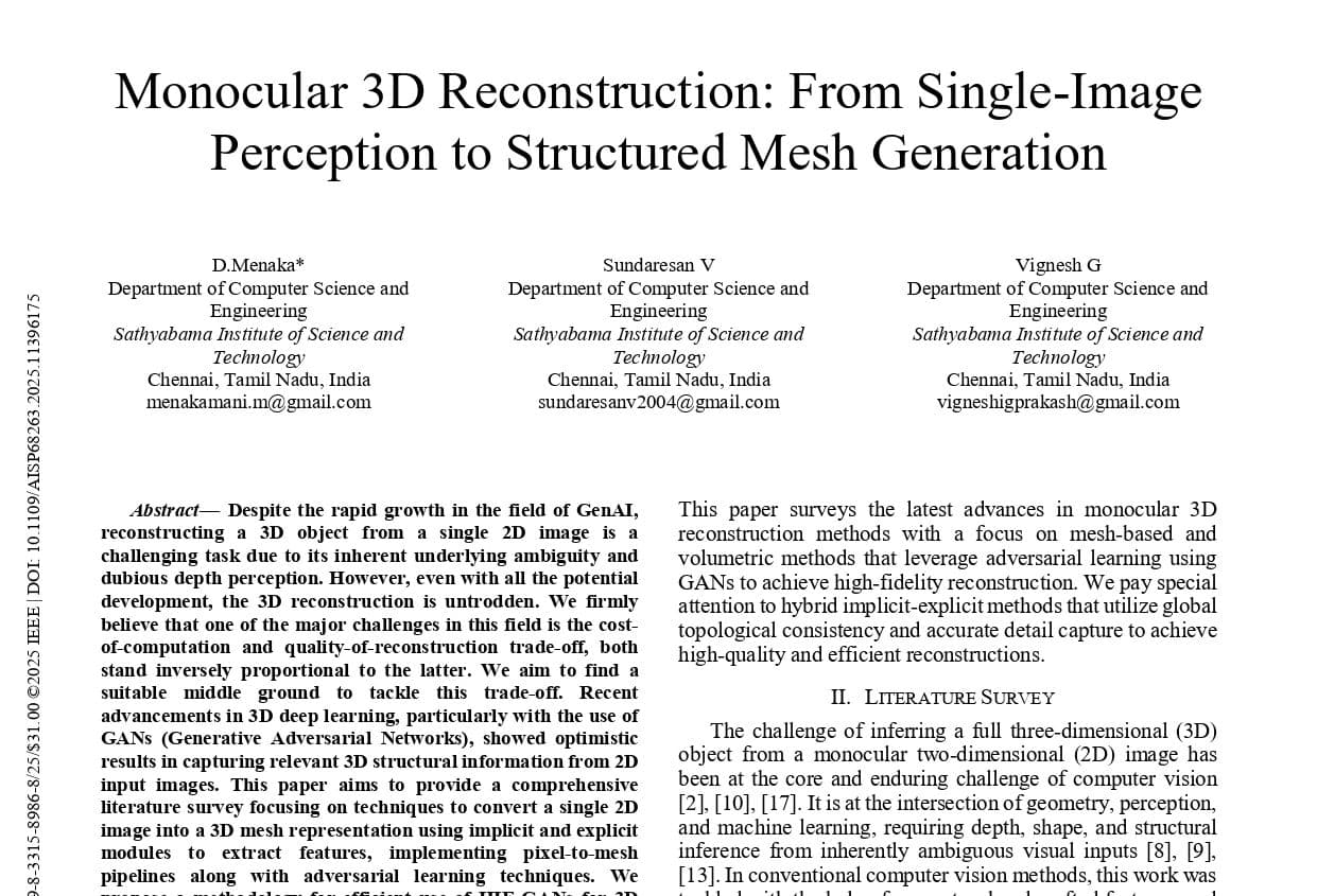 Monocular 3D Reconstruction: From Single-Image Perception to Structured Mesh Generation